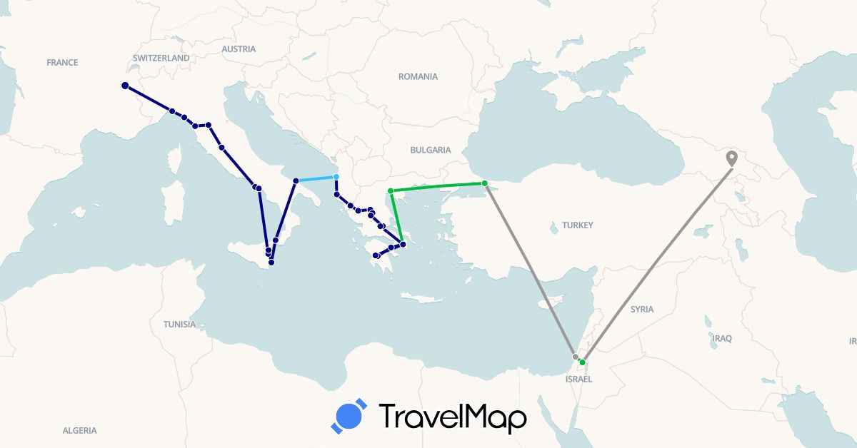 TravelMap itinerary: driving, bus, plane, boat in Albania, France, Georgia, Greece, Israel, Italy, Turkey (Asia, Europe)